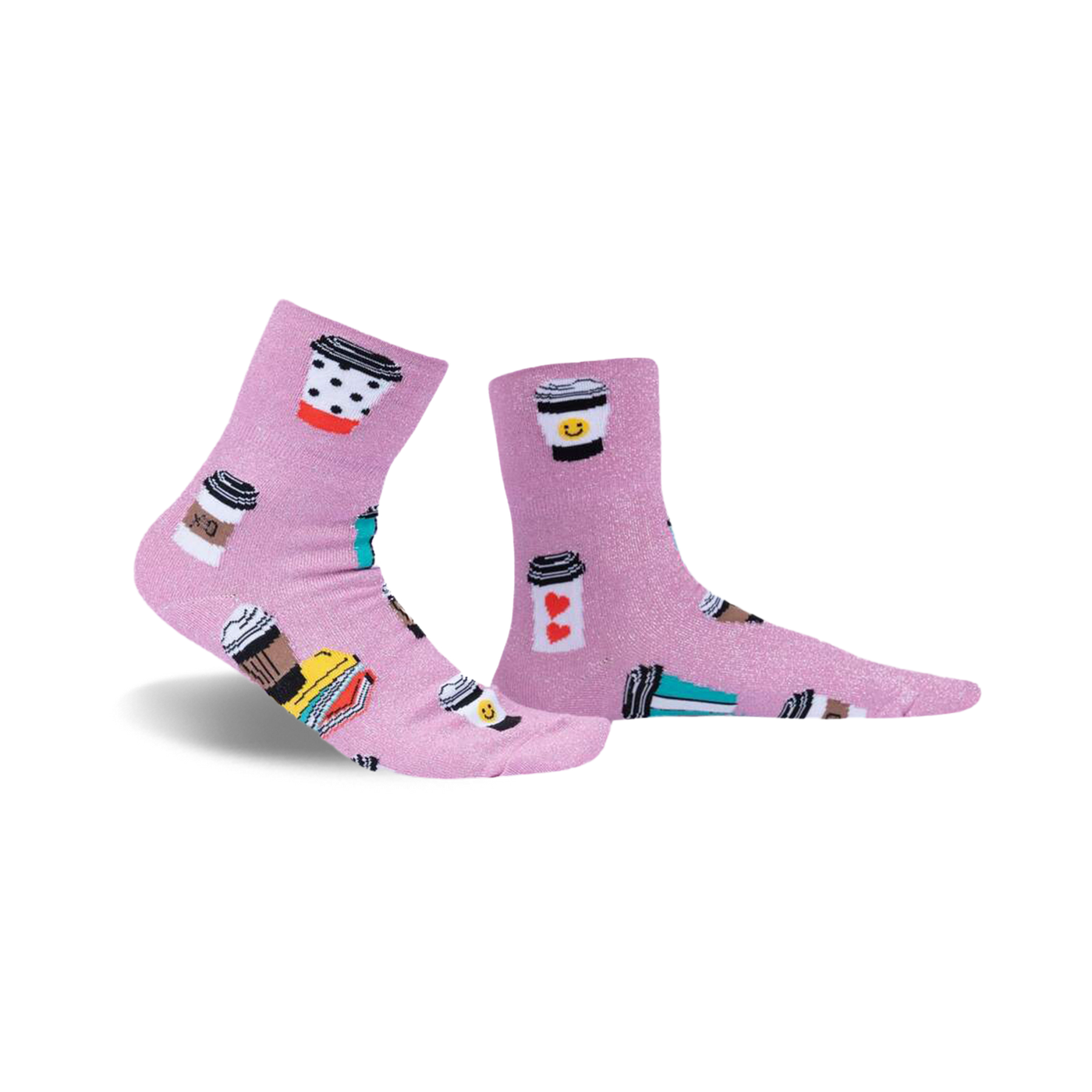 Pair of pink glitter crew socks featuring illustrated coffee cups and the phrase 'Sorry, Running Latte'.