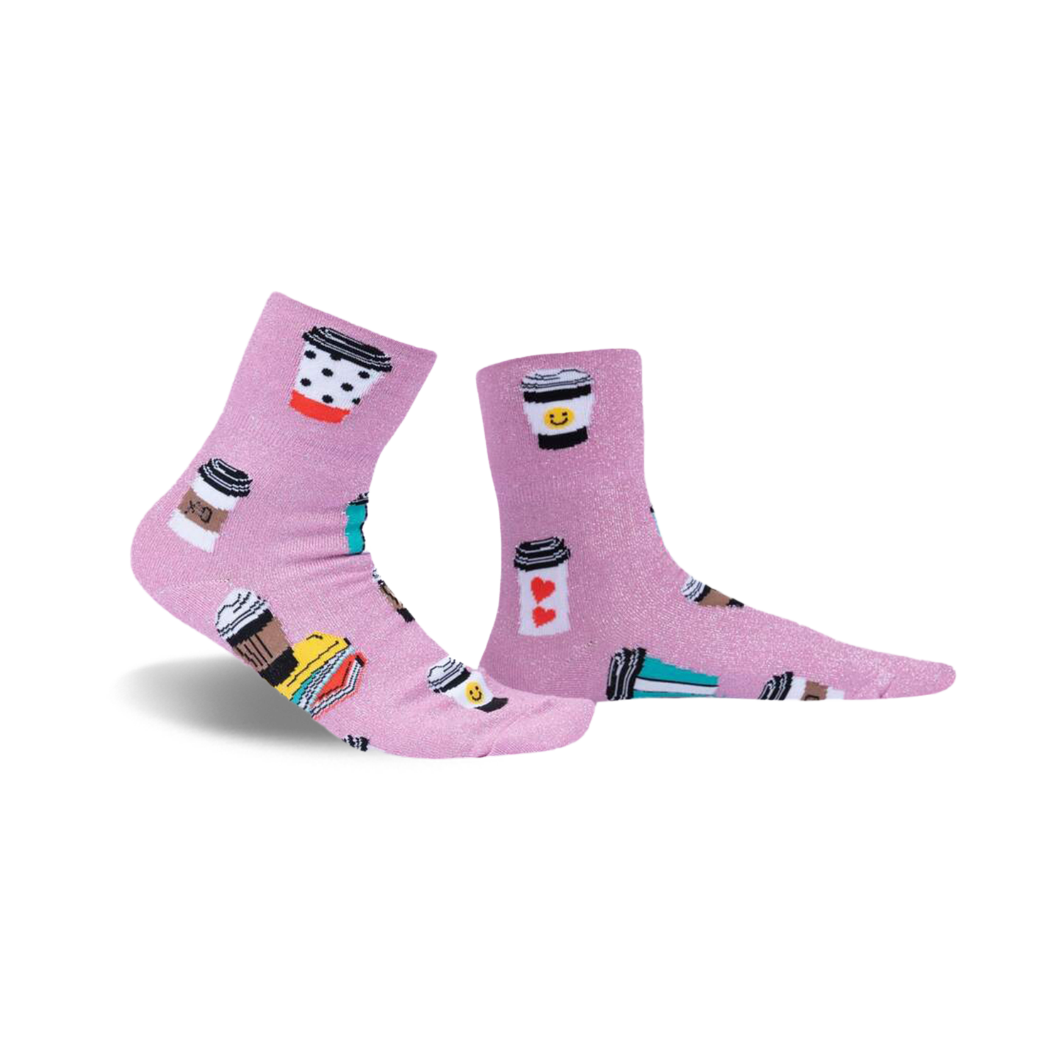 Pair of pink glitter crew socks featuring illustrated coffee cups and the phrase 'Sorry, Running Latte'.