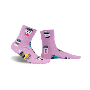 womens pink coffee themed sorry, running latte turn cuff ankle socks with the words sorry, running latte printed on cuff.   