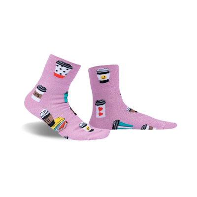 womens pink coffee themed sorry, running latte turn cuff ankle socks with the words sorry, running latte printed on cuff.   