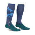 Pair of teal and navy blue knee-high socks with a dragonfly design. The socks have a subtle glitter effect.