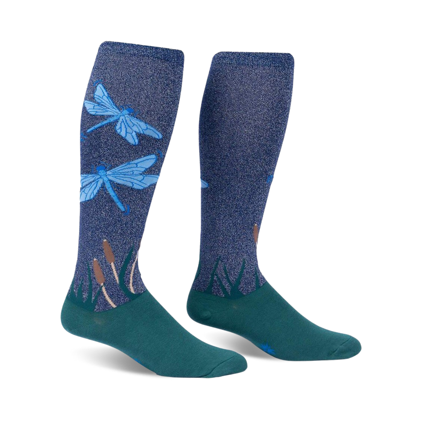 Pair of teal and navy blue knee-high socks with a dragonfly design. The socks have a subtle glitter effect.
