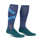 Pair of teal and navy blue knee-high socks with a dragonfly design. The socks have a subtle glitter effect.
