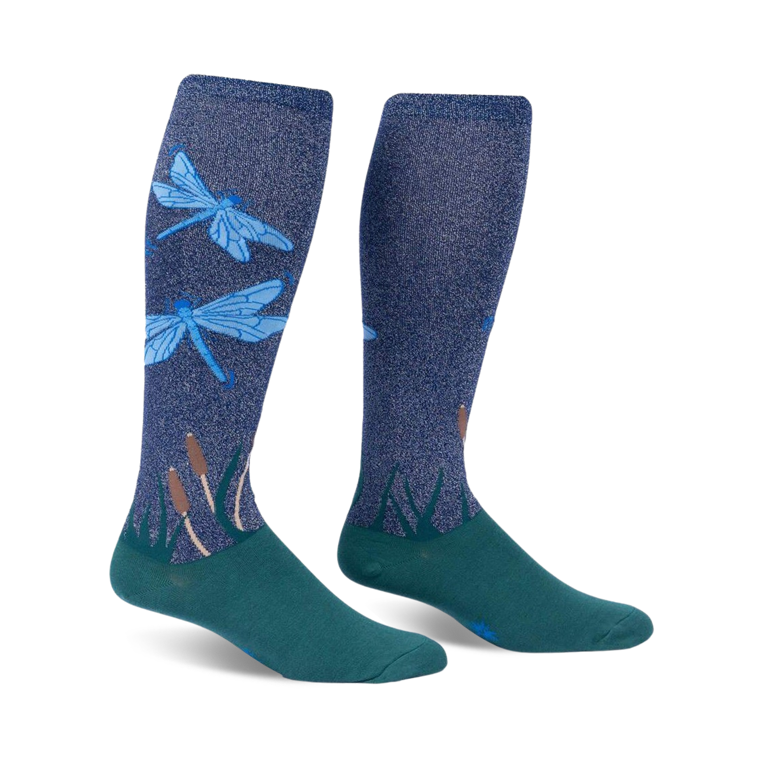 Pair of teal and navy blue knee-high socks with a dragonfly design. The socks have a subtle glitter effect.