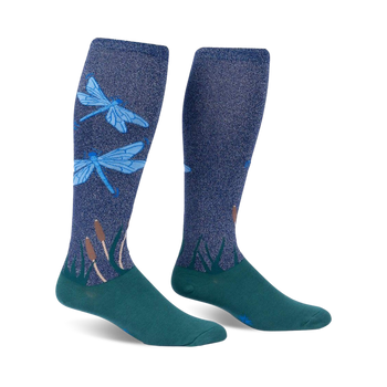 blue dragonfly knee-high socks for women: pattern of blue dragonflies and green accents.  