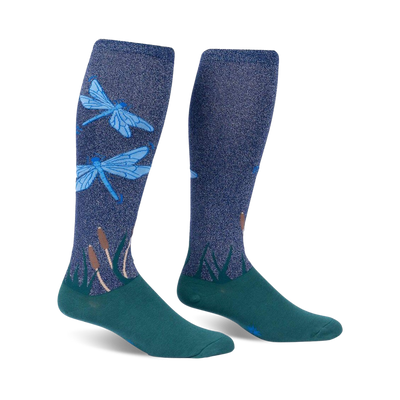 blue dragonfly knee-high socks for women: pattern of blue dragonflies and green accents.  