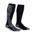 Pair of black knee-high socks with a white musical note design on the side. Grey accents at the cuffs.
