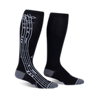 Pair of black knee-high socks with a white musical note design on the side. Grey accents at the cuffs.