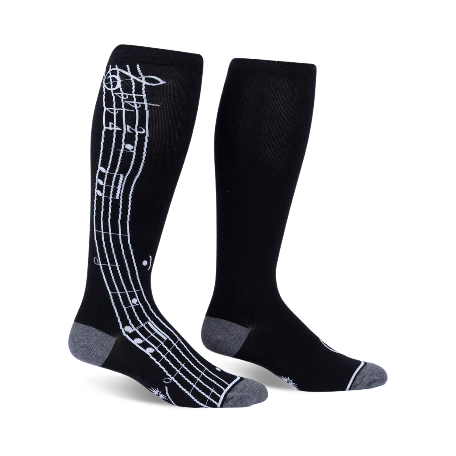 Pair of black knee-high socks with a white musical note design on the side. Grey accents at the cuffs.