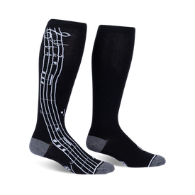 black knee-high socks with a white treble clef and notes, for men and women, knee high calf wide.   