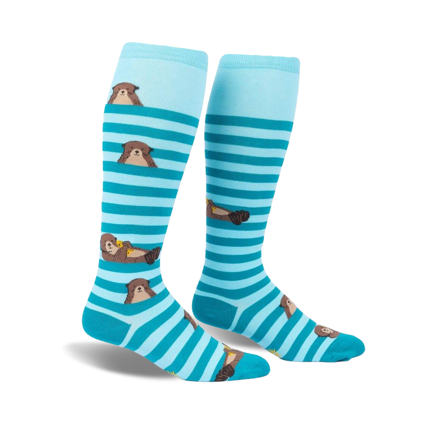 Pair of teal and light blue striped knee-high socks featuring adorable sea otter illustrations.
