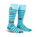 Pair of teal and light blue striped knee-high socks featuring adorable sea otter illustrations.