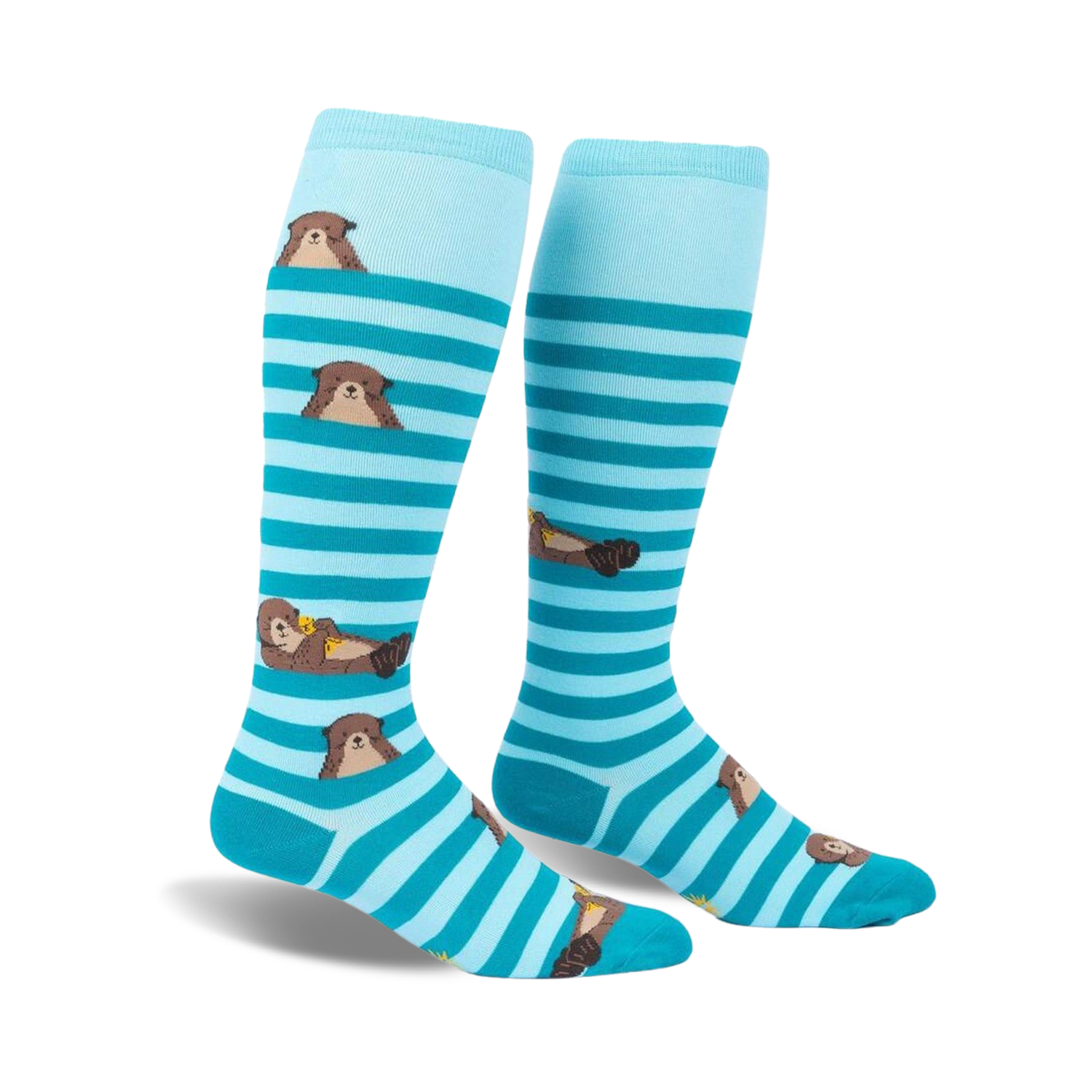 Pair of teal and light blue striped knee-high socks featuring adorable sea otter illustrations.