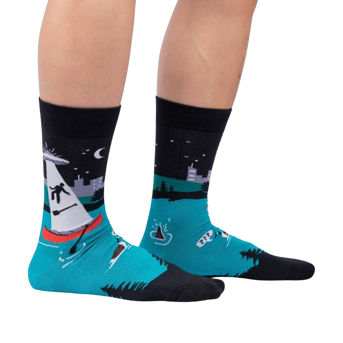 Lifestyle shot of a person wearing the 'Out of Boaty Experience' socks.