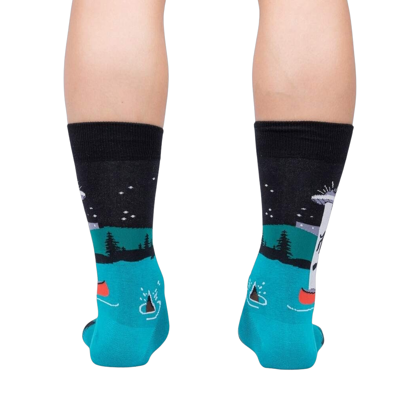 Rear view of the socks on a model's legs; showing the back design details.
