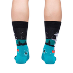 Rear view of the socks on a model's legs; showing the back design details.
