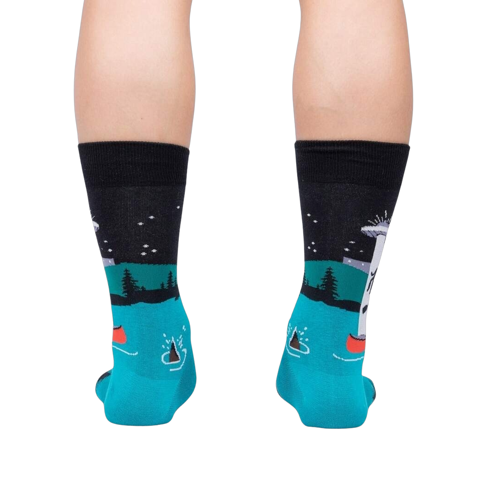 Rear view of the socks on a model's legs; showing the back design details.