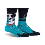 Pair of crew socks; teal, black, and white; features an illustration of a sailboat being abducted by a UFO at night.
