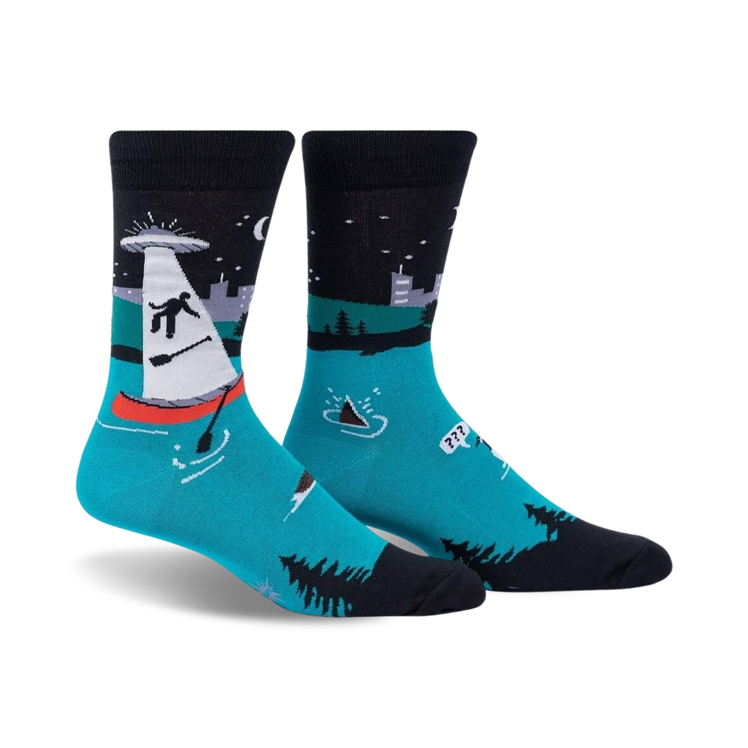 Pair of crew socks; teal, black, and white; features an illustration of a sailboat being abducted by a UFO at night.