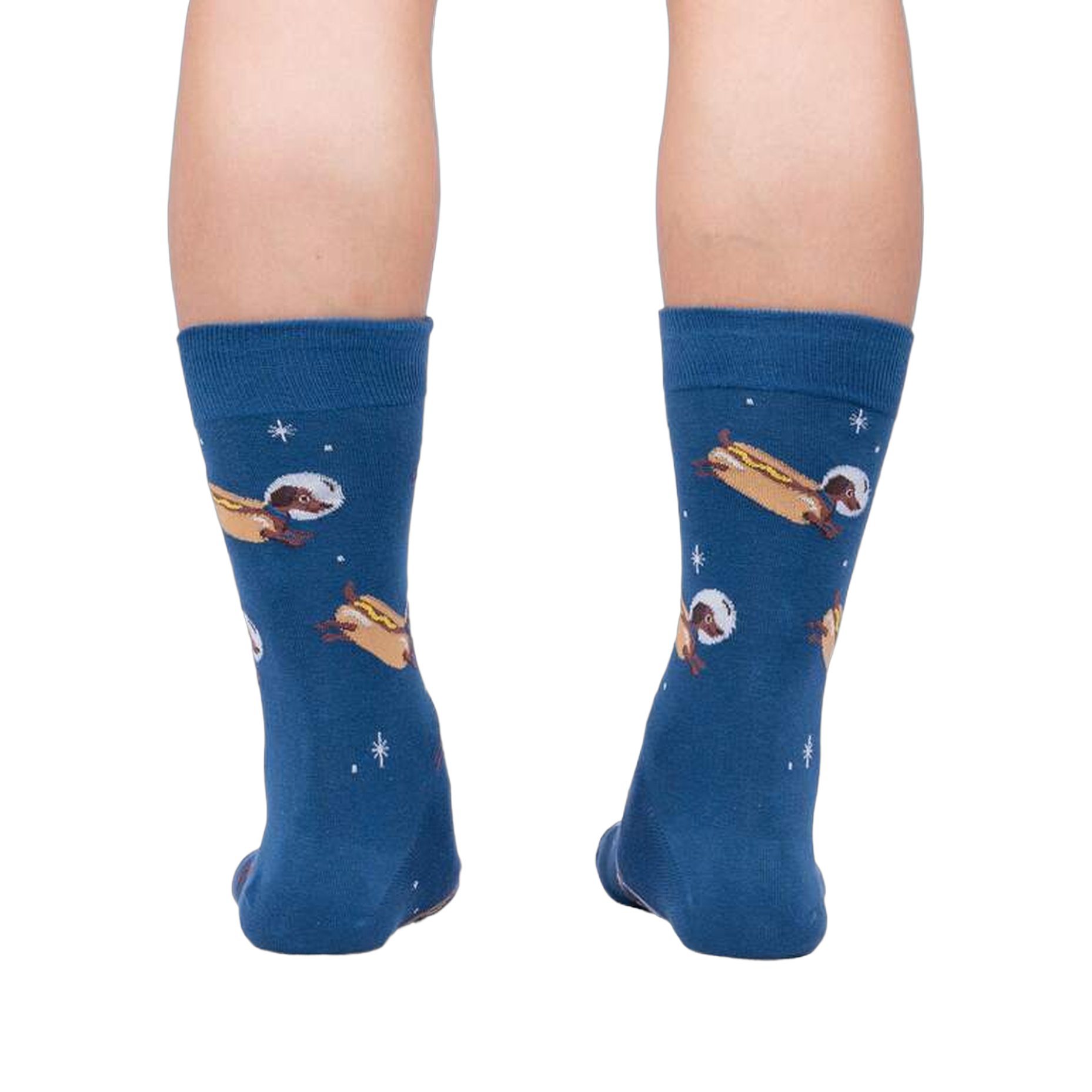 Rear view of the 'Weiner Dogs, In Space!' socks on a person's legs.