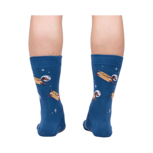 Rear view of the 'Weiner Dogs, In Space!' socks on a person's legs.