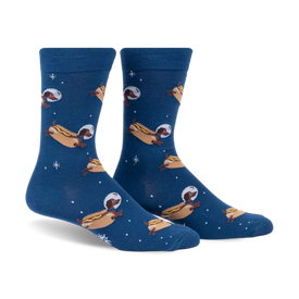 front view of a pair of blue socks with a pattern of dachshunds wearing astronaut helmets and floating in space. the dachshunds are dressed as hot dogs.