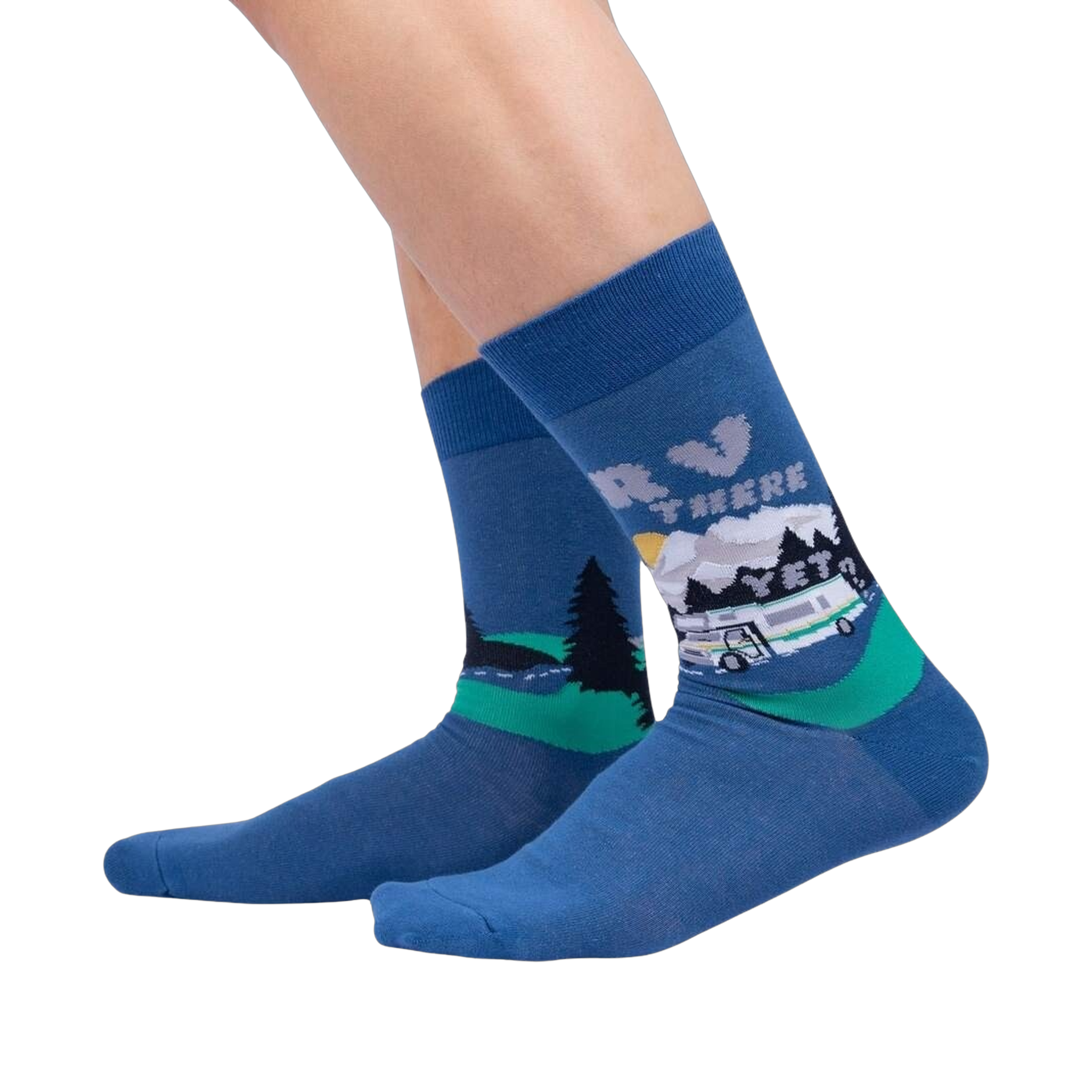 Lifestyle shot showing the 'RV There Yet?' socks on a person's feet. The socks are the main focus of the image.