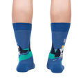 Back view of the socks on a person's legs, showcasing the design on the back of the socks.