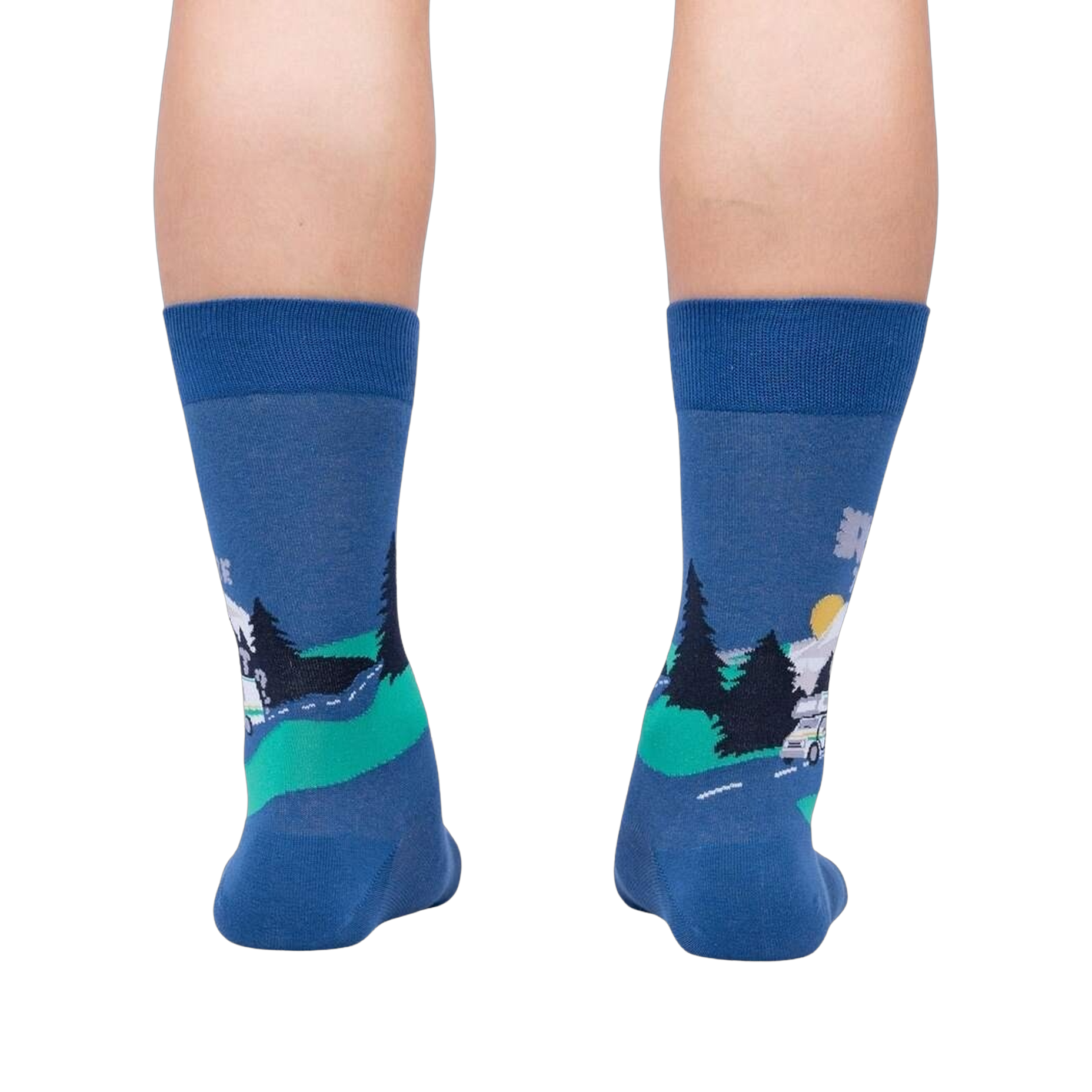 Back view of the socks on a person's legs, showcasing the design on the back of the socks.