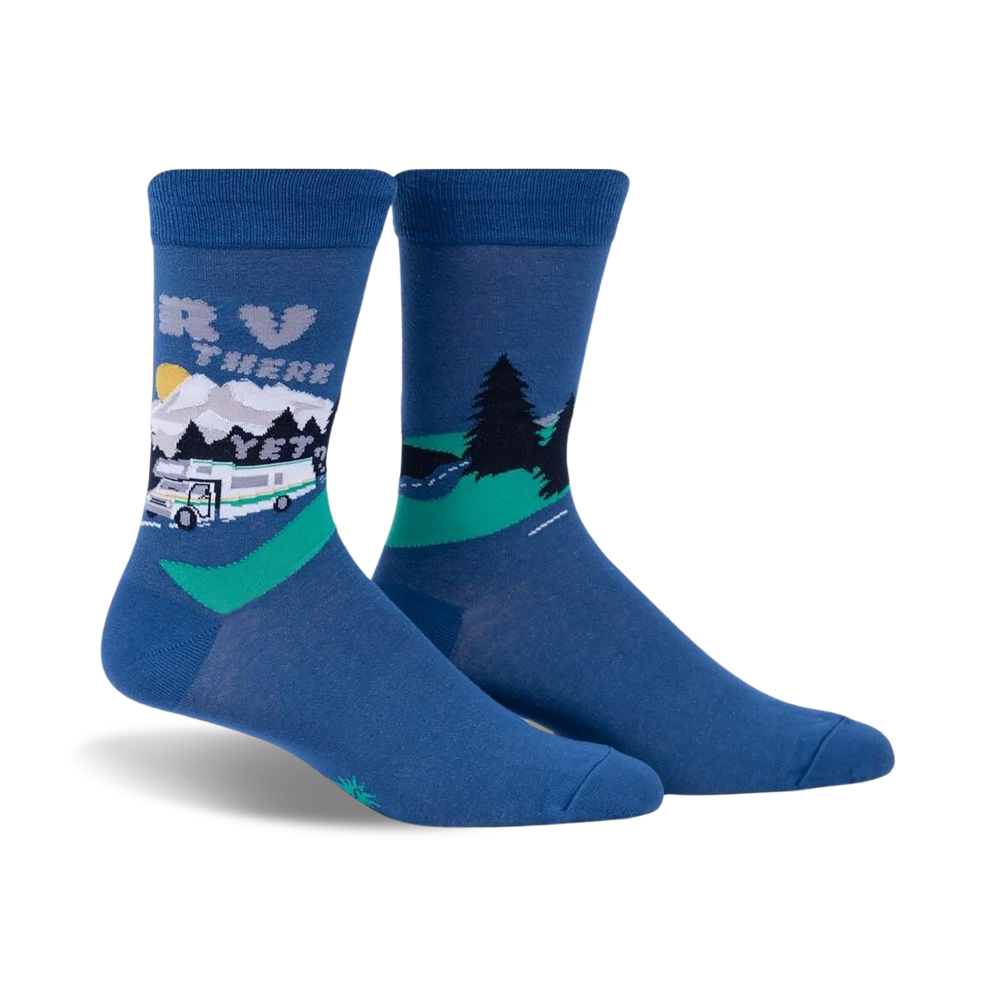 Pair of blue crew socks with a graphic design of an RV driving through a mountain landscape.  Features a whimsical sun and green trees.