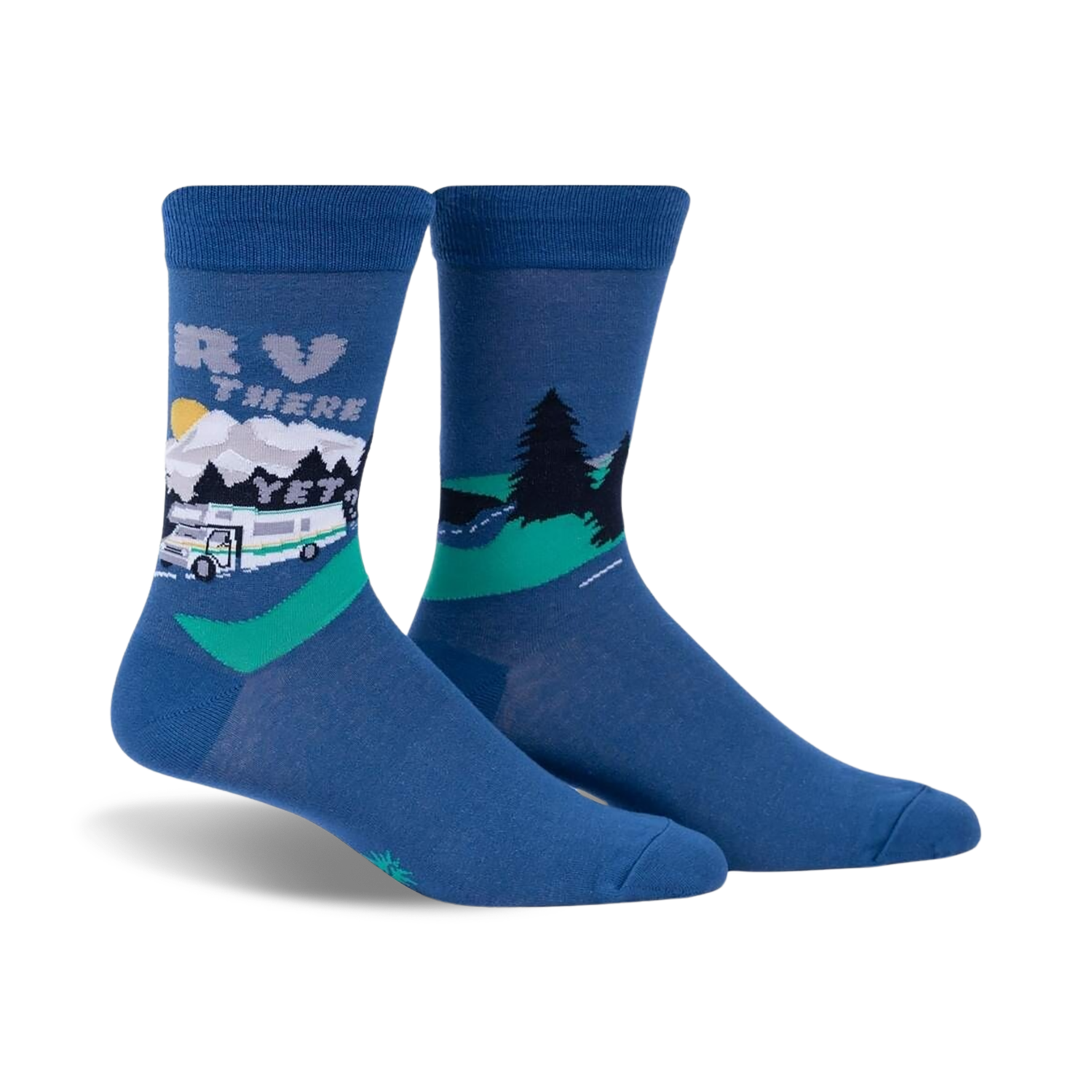 Pair of blue crew socks with a graphic design of an RV driving through a mountain landscape.  Features a whimsical sun and green trees.