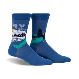 blue crew socks with mountain, tree, and rv pattern. green toe and heel.  
