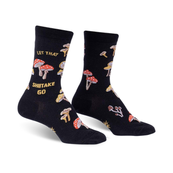black crew socks with all-over wild mushroom pattern and 'let that shiitake go' phrase.   
