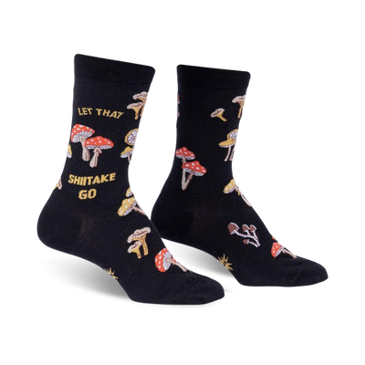 black crew socks with all-over wild mushroom pattern and 'let that shiitake go' phrase.   