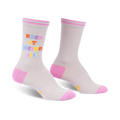 Pair of grey crew socks with a multicolored 'Keep It Weird!' text design and pink cuffs. 