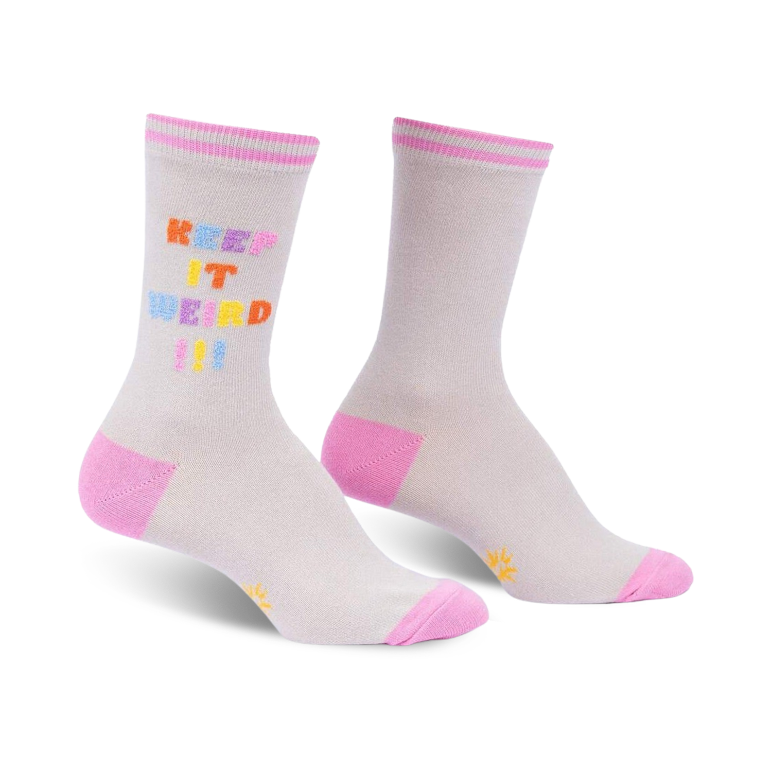 Pair of grey crew socks with a multicolored 'Keep It Weird!' text design and pink cuffs. 