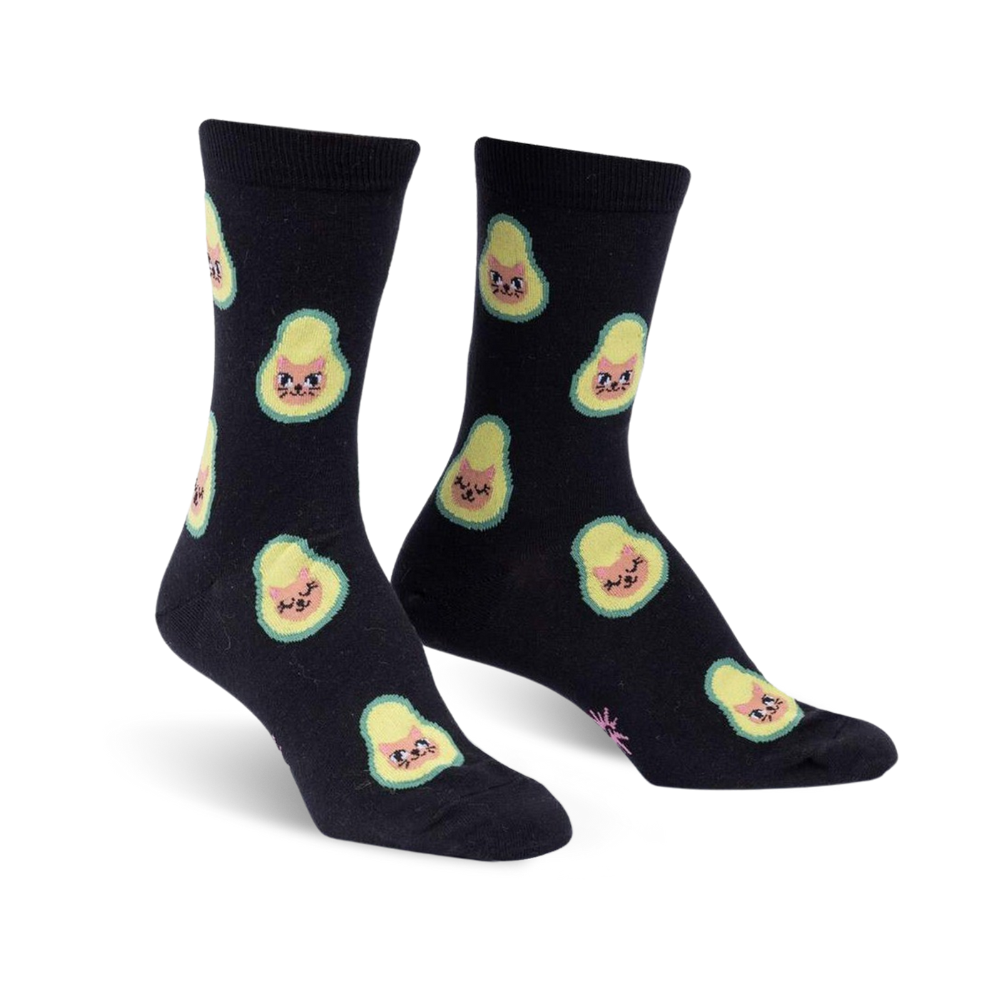 Pair of black crew socks featuring a repeating pattern of avocados with cute cat faces.  The avocados are light green and yellow.