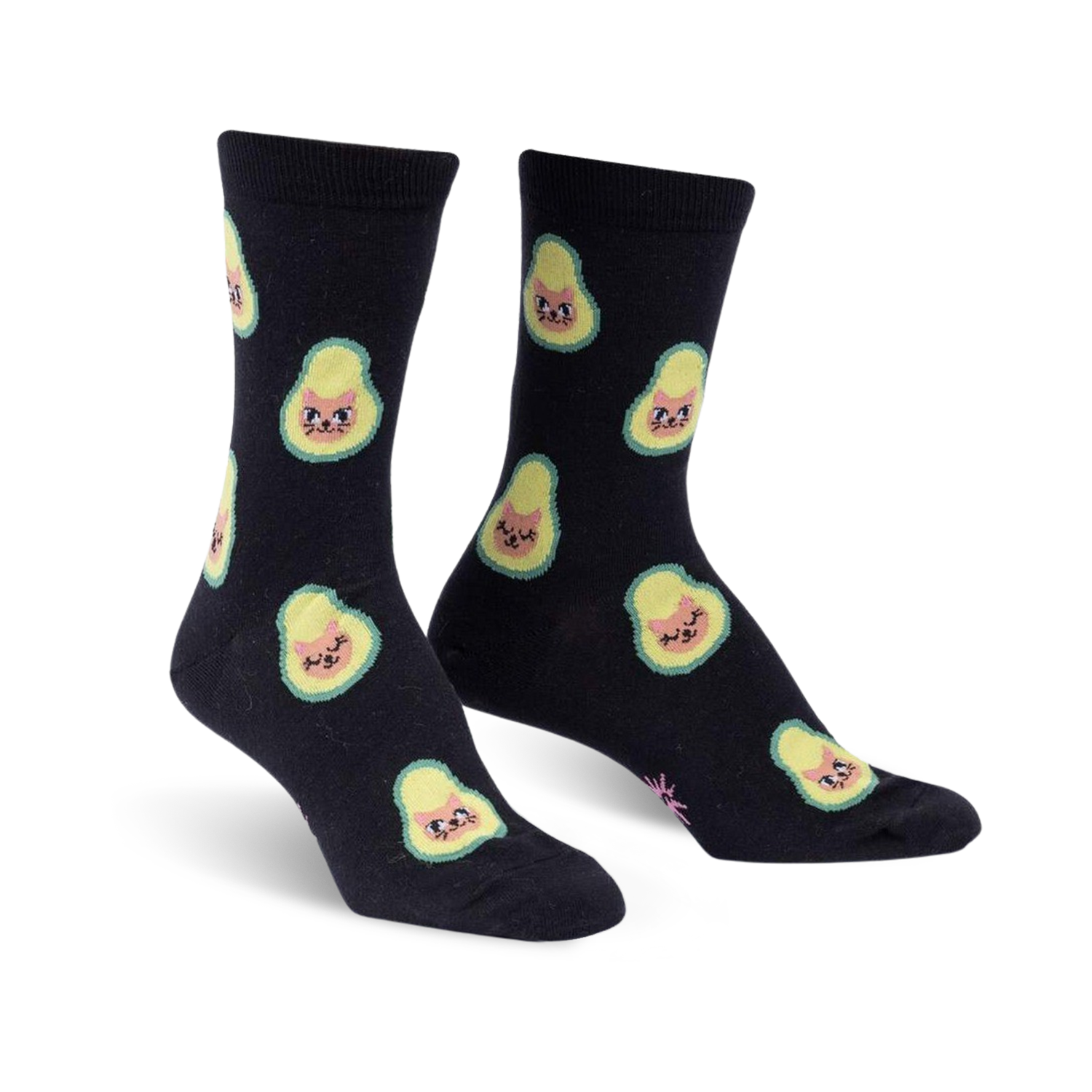 Pair of black crew socks featuring a repeating pattern of avocados with cute cat faces.  The avocados are light green and yellow.