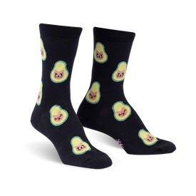  whimsical avocado socks with cute cat faces. black with all-over print. crew length, for women.  