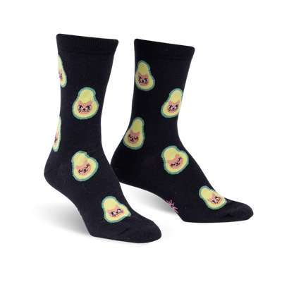  whimsical avocado socks with cute cat faces. black with all-over print. crew length, for women.  