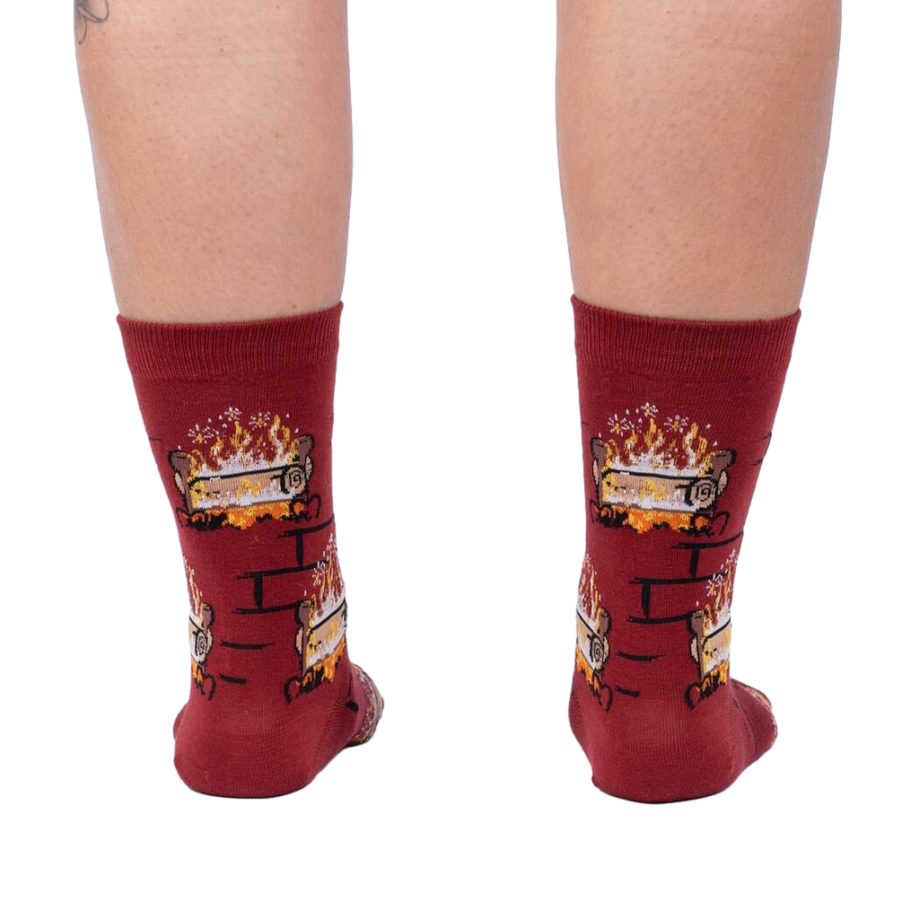 Rear view of the Yule Log socks, showcasing the full design on the back of the socks.