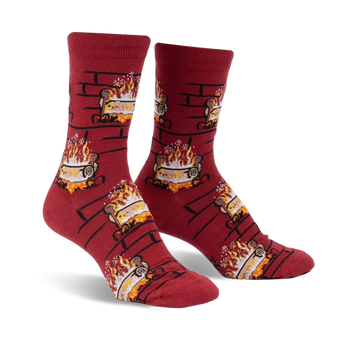 red crew-length women's yule log socks with a pattern of logs and flames.  