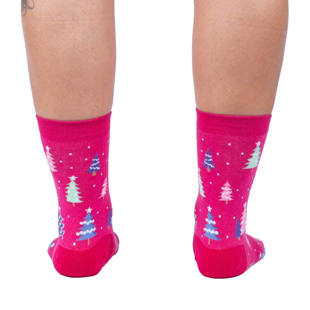Back view of Feelin' Pine socks, highlighting the full Christmas tree pattern.