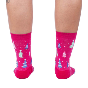 Back view of Feelin' Pine socks, highlighting the full Christmas tree pattern.