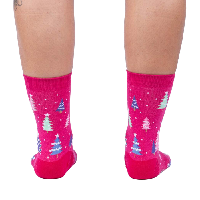 Back view of Feelin' Pine socks, highlighting the full Christmas tree pattern.