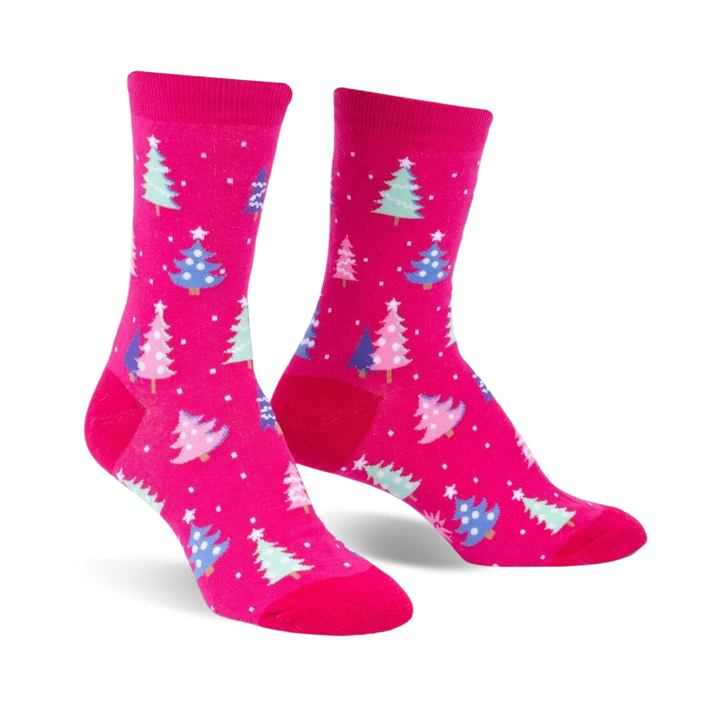 Pair of fuchsia crew socks with a pattern of pastel blue, pink, and green Christmas trees and white snowflakes.