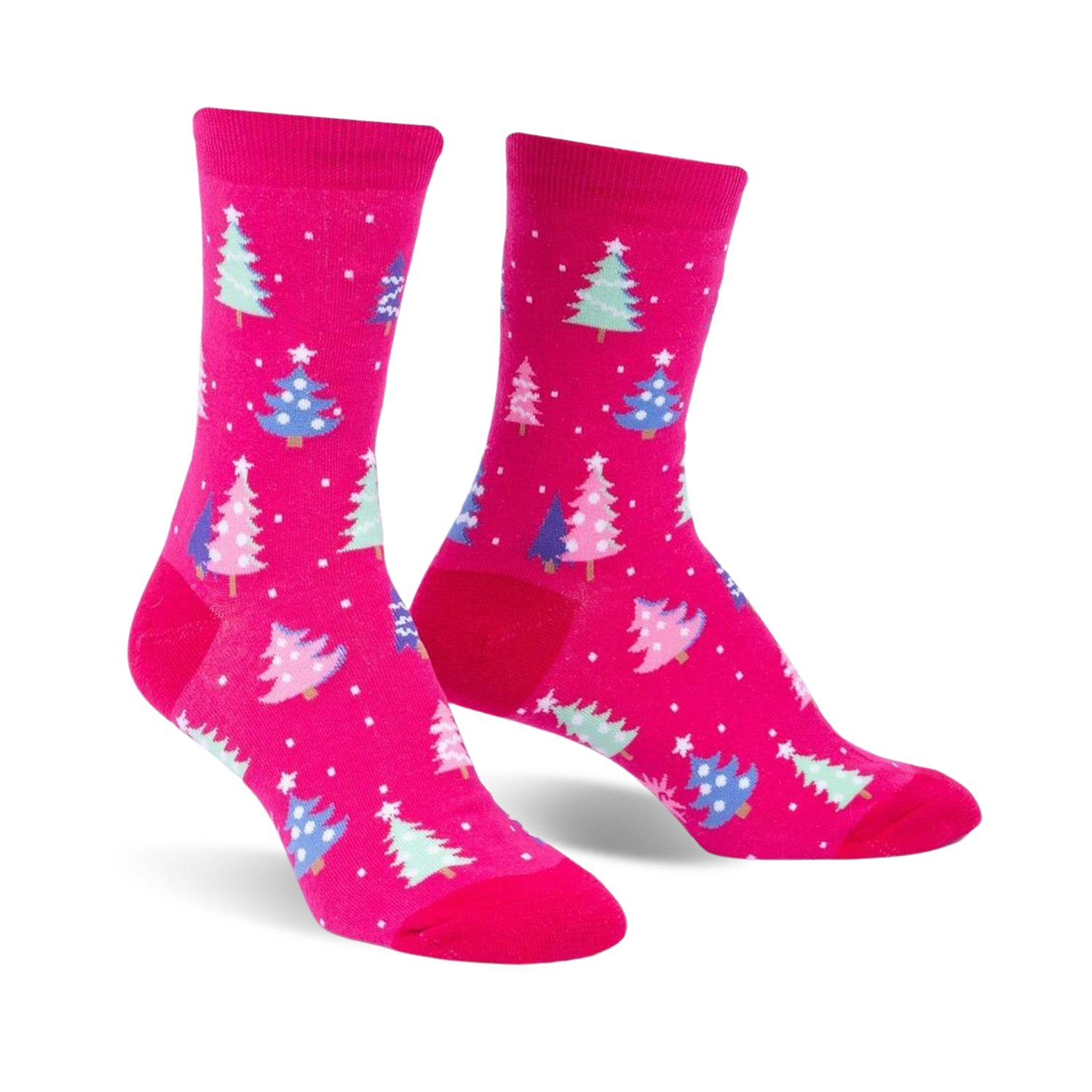 Pair of fuchsia crew socks with a pattern of pastel blue, pink, and green Christmas trees and white snowflakes.