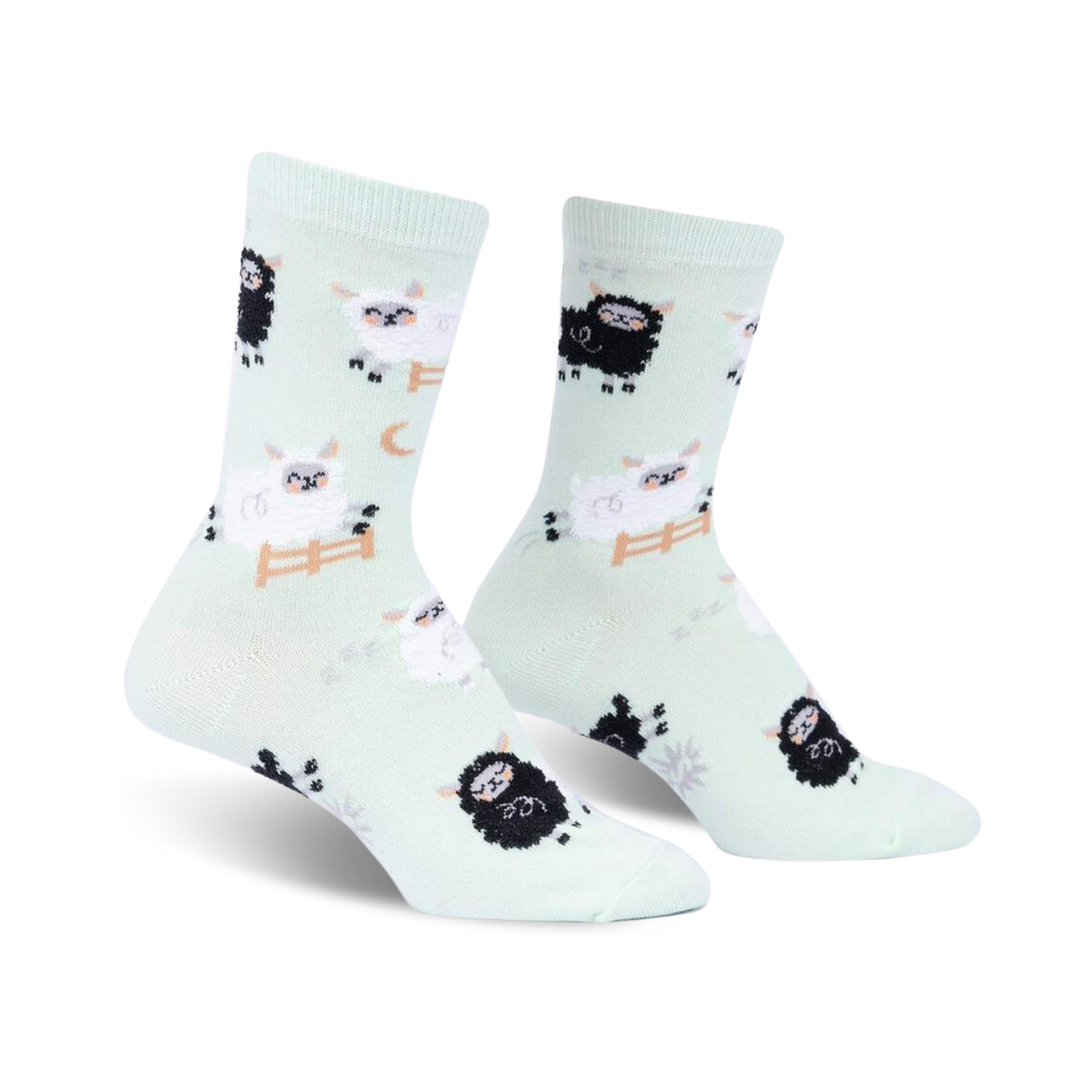 Pair of mint green crew socks featuring a repeating pattern of black and white sheep, some jumping a fence. 