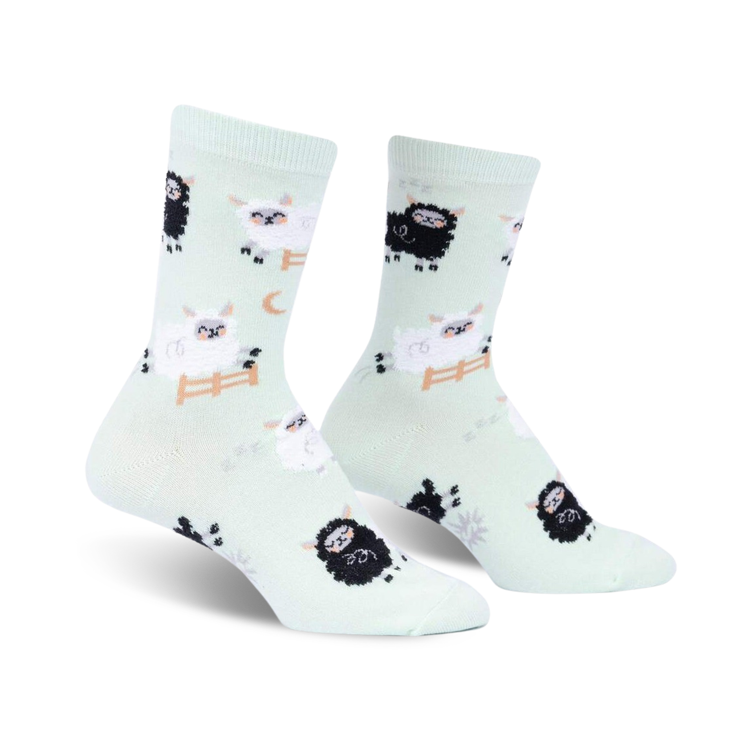 Pair of mint green crew socks featuring a repeating pattern of black and white sheep, some jumping a fence. 
