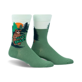 green crew socks with a brown bear wearing sunglasses and holding a sign that says 'that's shady'.  